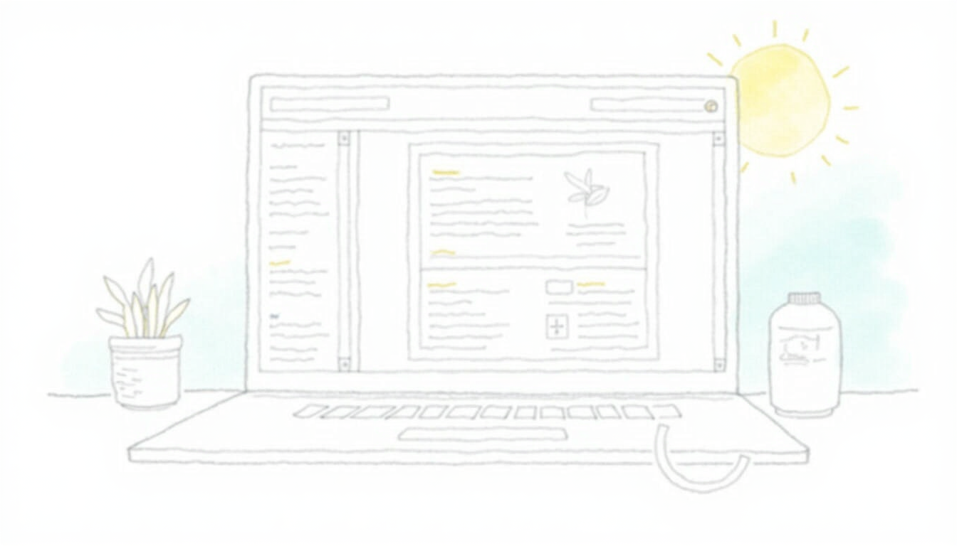 Ilustrație cu elemente de creare website WordPress: laptop, cod, logo WordPress și un cursor, simbolizând un ghid pas cu pas.
