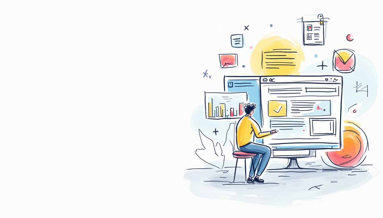 Ilustrație grafică reprezentând procesul de crearesite, cu elemente de design, cod și optimizare, pentru o agenție web.