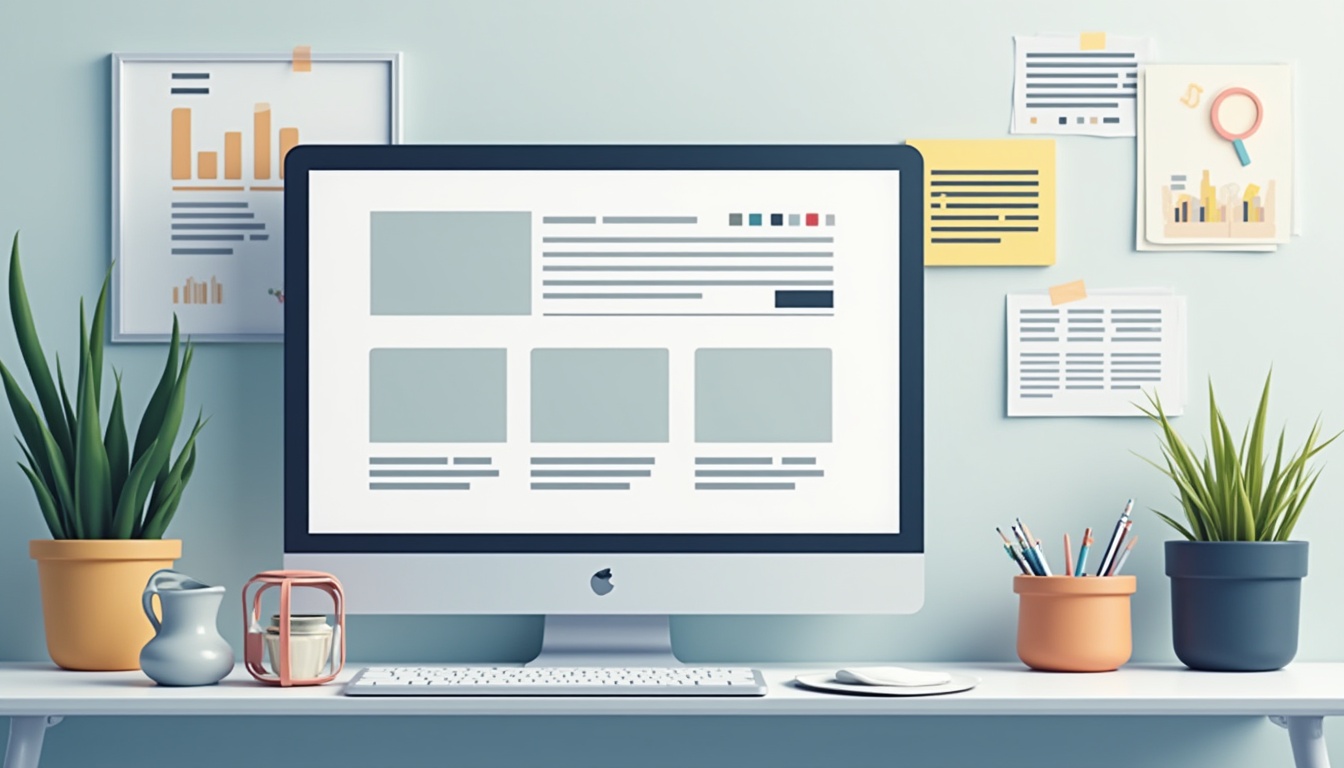 Ilustrație cu elemente de design web și cod, simbolizând procesul de a creaza un site de succes.
