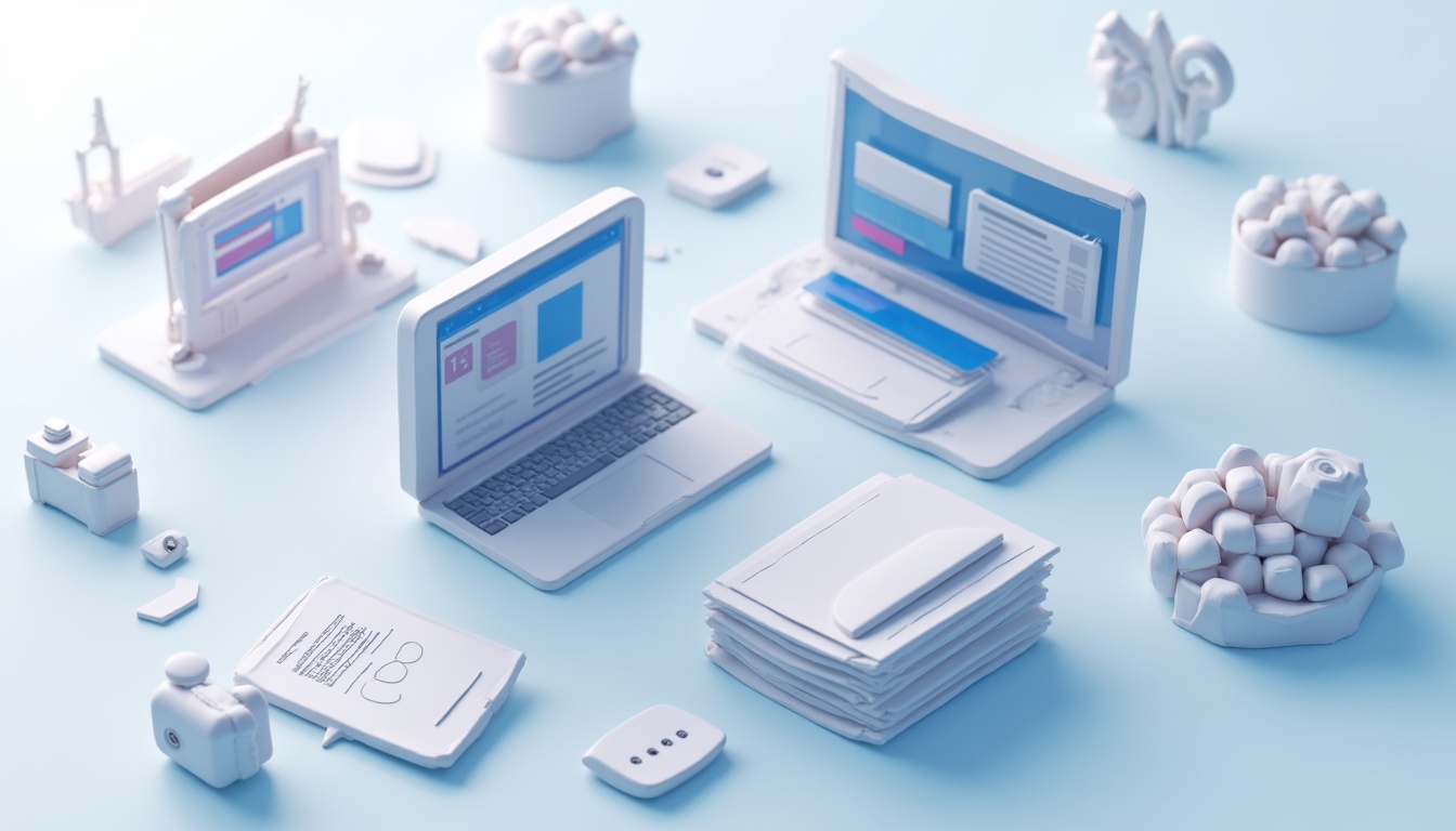 Ilustrație cu elemente de design web, cod și un ecran de laptop, simbolizând procesul de creare site web.